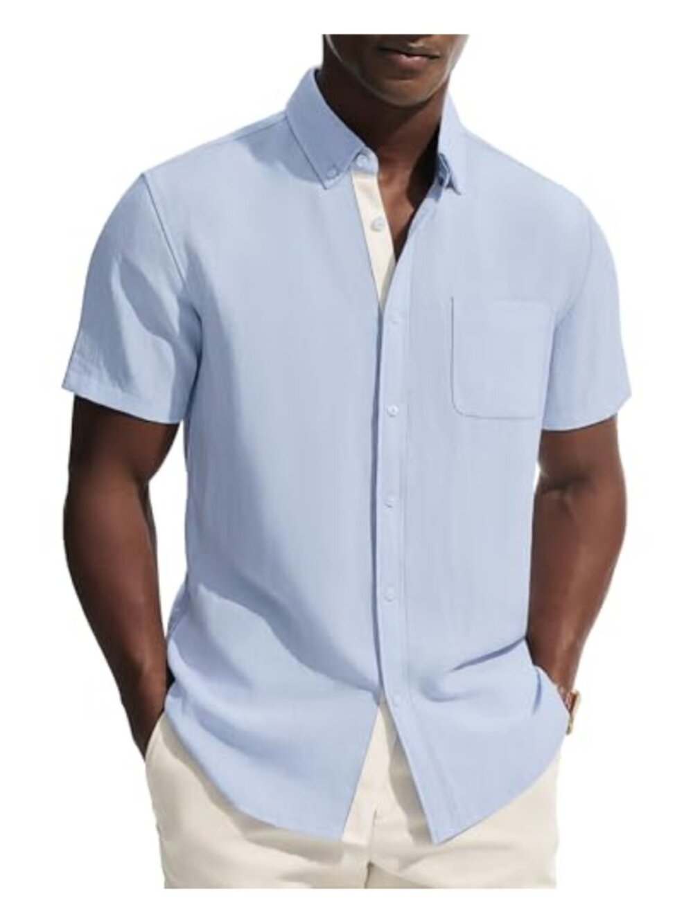 Men's Linen Blend Button Down Short Sleeve Casual Shirt Regular Fit